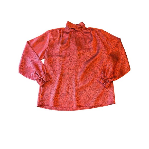 Vintage 80s Yves St. Clair Red & Black Swirl Pattern Blouse High Neck Size 10 - Picture 1 of 5
